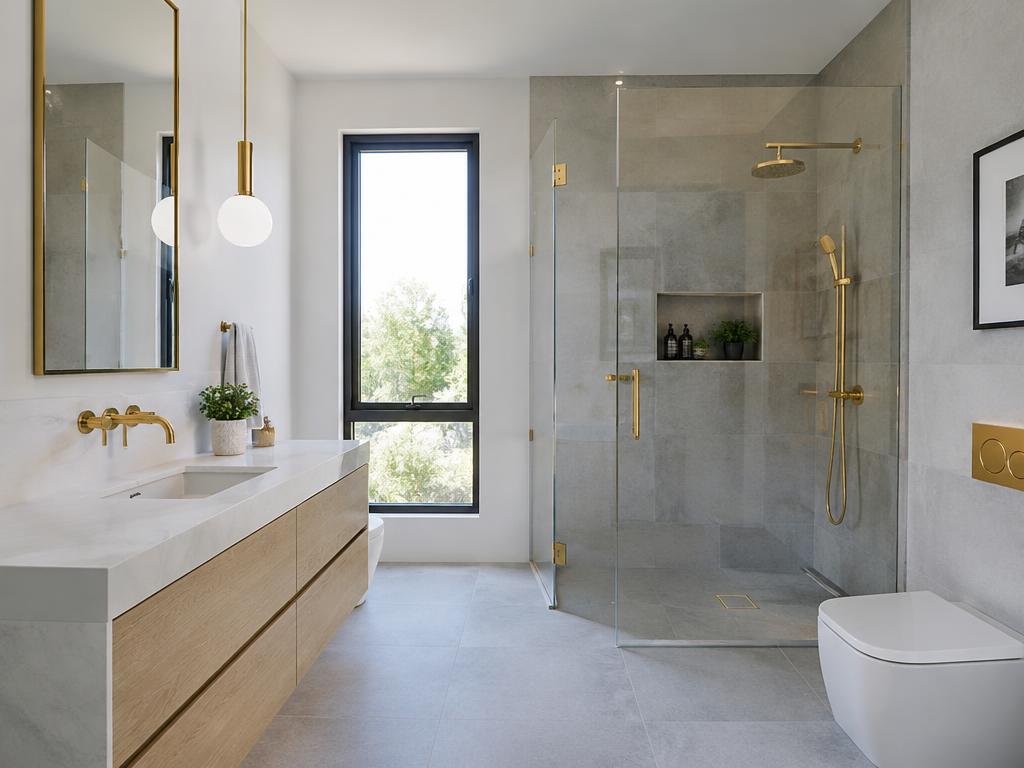 Renovated bathroom with glass shower and gold fixtures